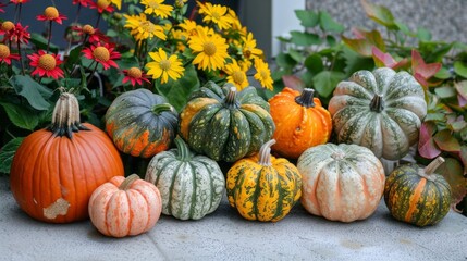 A row of pumpkins and flowers are displayed on a table
