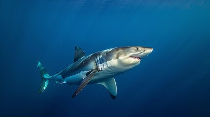 Fototapeta premium A great white shark swimming gracefully in deep blue ocean waters, dorsal fin visible