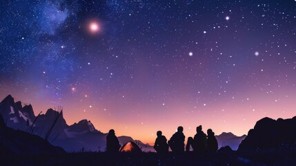A group of friends camping under starry skies with mountains silhouetted in the background