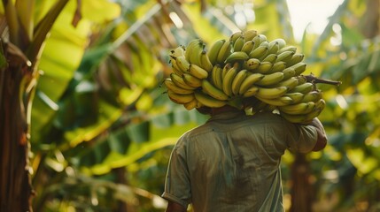 Fototapeta premium A farmer working carrying a branch of banana fruit in banana plantation farm field