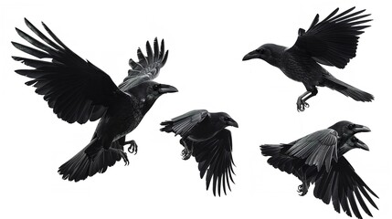 Obraz premium A group of black birds, including crows, gracefully flying in the air with a transparent PNG background.