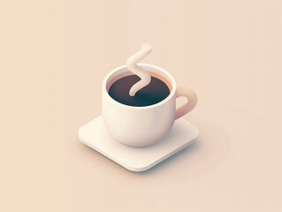 Obraz premium Isometric illustration style of a hot cup of coffee on a saucer and beige background