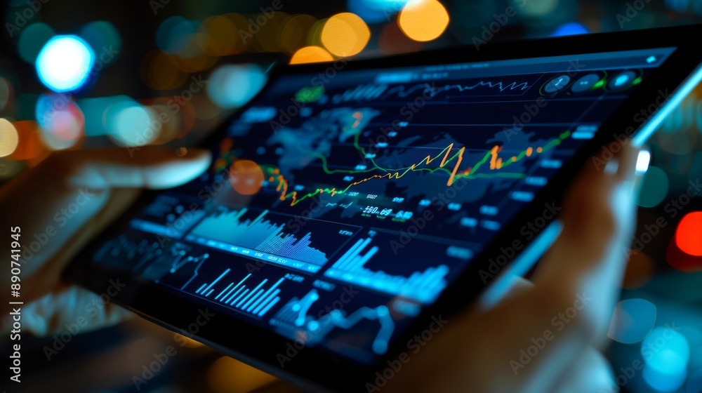 Leinwandbilder a hand holding a tablet displaying a line graph, with financial data and analytics software visible