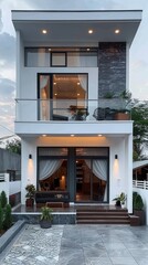 A modern two-story house with large windows and a sleek facade, highlighted by soft exterior...