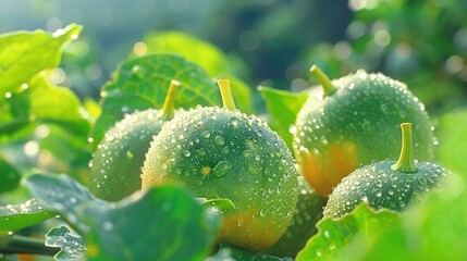   A close-up of various fruits hanging from a tree, with droplets of water falling from the leaves onto both the foliage and the ground below