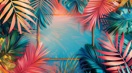 Tropical multi-colored palm tree leaves sunset light background with text box
