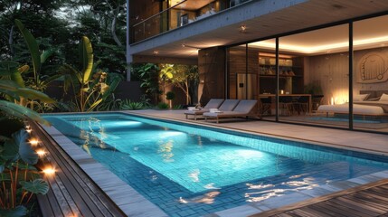 Obraz premium Pool lighting in backyard at night for family lifestyle and living area. Luxury design with good light and clean landscaping.