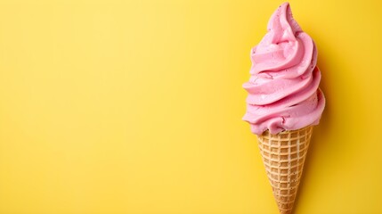 Light Pink Ice Cream Cone on a yellow Background with Copy Space
