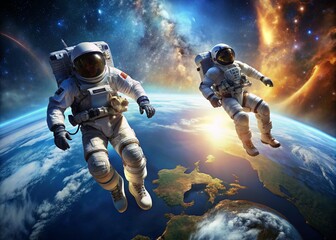 Happy Cosmonautics Day. Astronauts in a spacesuit in outer space. Spectacular view of the planet Earth.