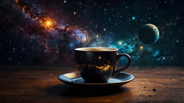 a cup of coffee made of the universe, the coffee swirls out in some places, planets circle above the cup, background dark with individual small sparkling stars
