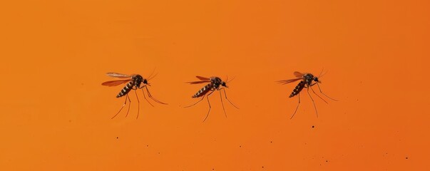Fototapeta premium A group of mosquitoes are flying around a orange surface.