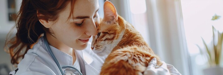Female veterinarian holding orange cat and looking at it with love. Copy space. Taking care of pets