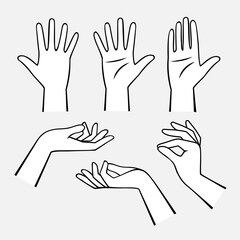 Fototapeta premium A set of isolated silhouettes of hand gestures in black and white funny linear cartoon style. Vector illustration