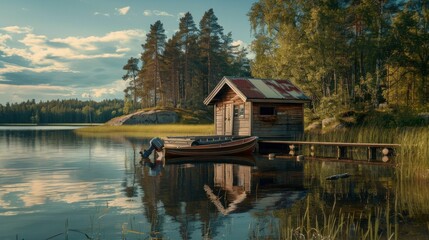 A small cabin is on a dock by a lake