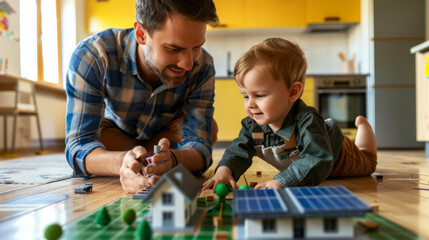 Father and son playing with toy houses and solar panels in cozy kitchen