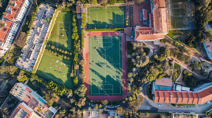 Aerial view of a modern sports complex with multiple football fields
