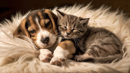 Cute Beagle Puppy and Scottish Fold Kitten Sleeping Together: Pet Photography, dog and cat, lying on a white fuzzy blanket.