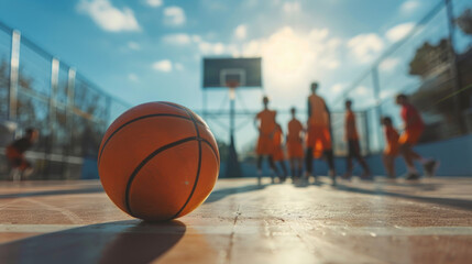 A basketball is sitting on the ground in front of a basketball hoop