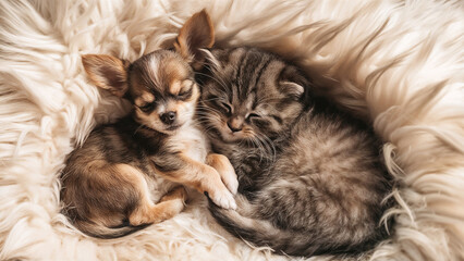 Cute Chihuahua Puppy and British Shorthair Kitten Sleeping Together: Pet Photography, dog and cat, lying on a white fuzzy blanket.