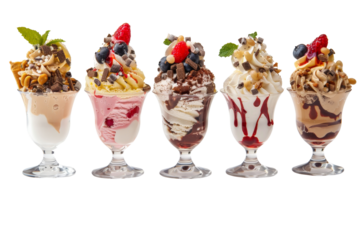 Elegant sundae ice cream sundaes in tulip glass cups, separated on a white background, capturing the creamy textures and delightful presentations