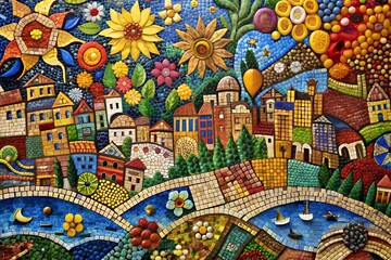 Colorful mosaic landscape with sun, castle and elements of nature, vibrant art made from small pieces. AI