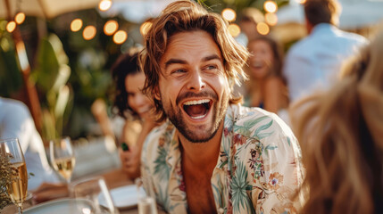 Obraz premium Handsome man laughing joyfully at an outdoor party, surrounded by friends, warm ambiance with bokeh lights