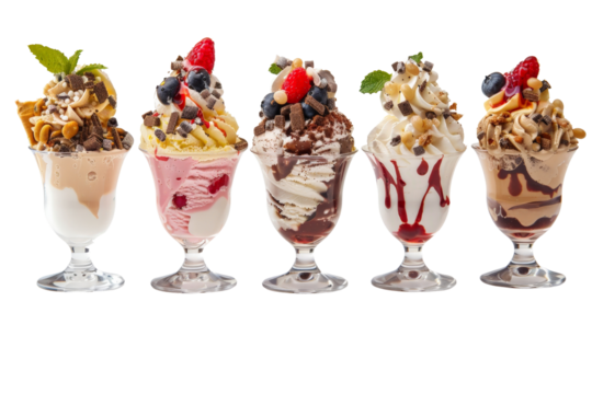 Elegant sundae ice cream sundaes in tulip glass cups, separated on a white background, capturing the creamy textures and delightful presentations