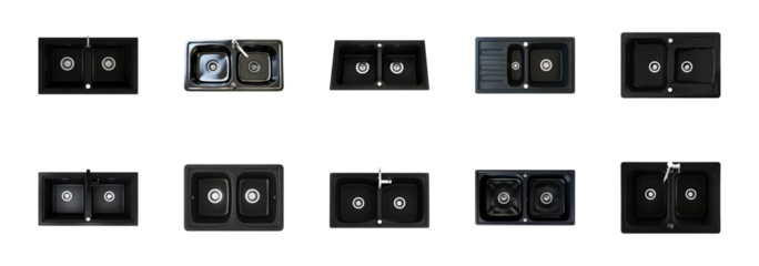 Modern black and stainless steel double kitchen sinks top view set, cut out png on transparent background