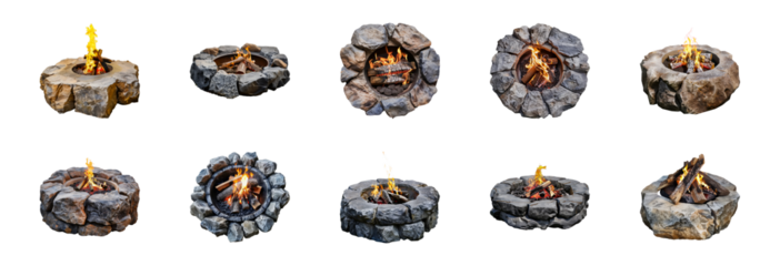 Collection of rustic stone fire pits with burning fire for outdoor use, cut out png on transparent background