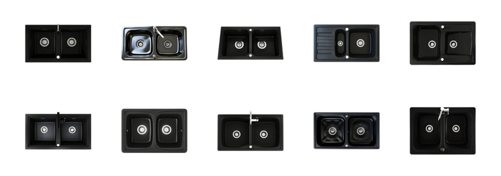 Modern black and stainless steel double kitchen sinks top view set, cut out png on transparent background