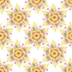 Watercolor hand drawn autumn seamless pattern with sunflower, red berries, physalis, yellow leaves on white background. Endless fall backdrop for textile, fabric and paper.
