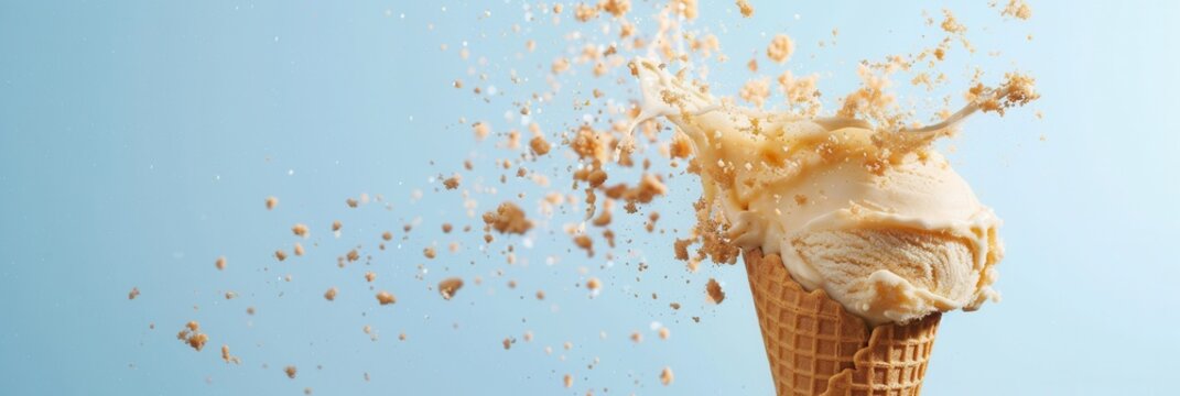 Closeup view of exploding tasty cone ice cream.