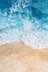 Top view of beach background with white sand and water, aerial view, minimalist style with copy space. 