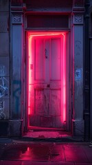 A grungy, weathered door illuminated by vibrant neon pink lights, set in a graffiti-embellished urban street.