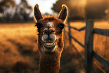 Obraz premium Smiling Llama in a Pasture at Sunset