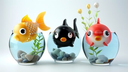 Fototapeta premium Three Cartoon Fish in Glass Bowls