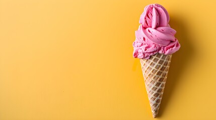 Pink Ice Cream Cone on a yellow Background with Copy Space