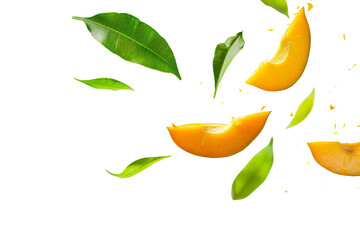 Mango halves with green leaves suspended in mid-air, isolated on a clean white background, showcasing their fresh, tropical appeal