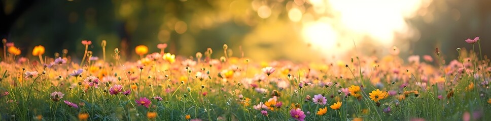 Fototapeta premium Field of colorful flowers with bokeh sunrise background. Beautiful nature landscape. Bright morning meadow. Banner, wallpaper