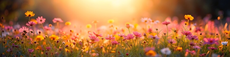 Obraz premium Field of colorful flowers with bokeh sunrise background. Beautiful nature landscape. Bright morning meadow. Banner, wallpaper
