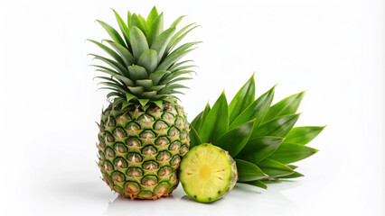 Fresh whole pineapple with green leaves isolated on transparent background and single slice next to it, perfect for culinary and tropical design projects.