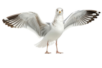 Fototapeta premium Seagull in mid-flight, isolated on a clean white background, capturing its dynamic movement and feather details