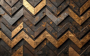 A striking herringbone pattern composed of dark and golden tiles, adding texture and elegance to any interior space.