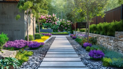 Obraz premium A walkway with a stone border and a variety of colorful flowers
