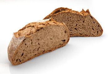 Artisan rye bread, baked in a wood oven. Seen inside with the crumb exposed