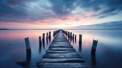 Obraz premium generated illustration of serene long exposure of wooden ruined pier leading into tranquil ocean. with sunrise