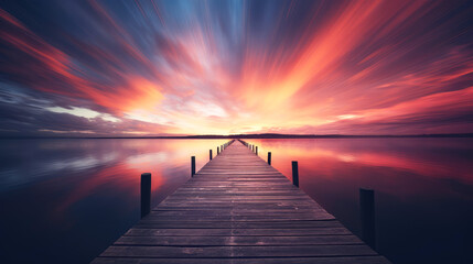 generated illustration of serene long exposure of wooden pier leading into tranquil ocean. with sunrise