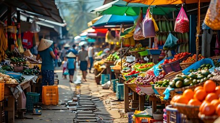 Fototapeta premium A bustling market in a small town with colorful stalls and local produce