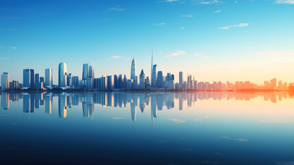 generated illustration of city and water reflections. Symmetrical reflections