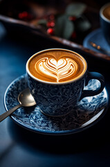 A close-up image of a cup of coffee with intricate heart shaped latte art design, served in a blue decorative cup.